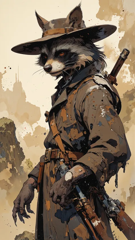 (The raccoon is showing his back and Fully facing backwards ),(raccoon ,Western Gunman,vintage),(aura:1. Hi 3) ,ArsMJStyle、(Zen ink wash painting)、ランダムなシチュエーション, ArsMJStyle、(Zen ink wash painting)