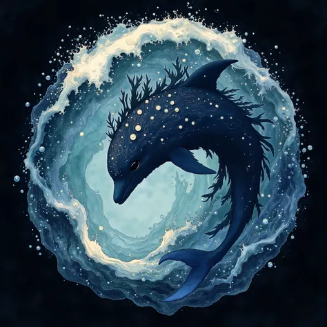 cute Dolphin in the shape of a circular wave, Studio Ghibli Dark Fairytale, dark background, vector art, mascot character, highly detailed, intricate illustration