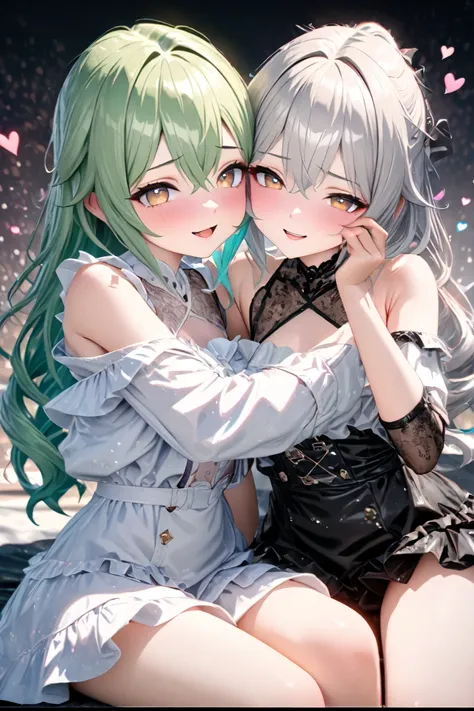 cute twin 18-year-old girl , Green medium hair, Lustful, Lustful Face, Big brown eyes, Excellent figure, twin fashion , wearing white loose ruffle clothes , Full of Tattoos, They are sitting together, snuggle up to each other 、 happily rubbing their f...