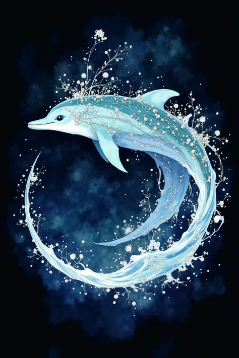 cute Dolphin in the shape of a circular wave, Studio Ghibli Dark Fairytale, dark background, vector art, mascot character, highly detailed, intricate illustration