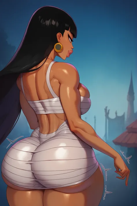 Chel, young Latina, brunette, very long loose and straight black hair, full lips, pretty, thin eyebrows and eyelashes, flat breasts, big ass, big hips, curvy body, sexy body, wide thighs, flirtatious look, flirtatious pose and intrigue, wearing a black ban...