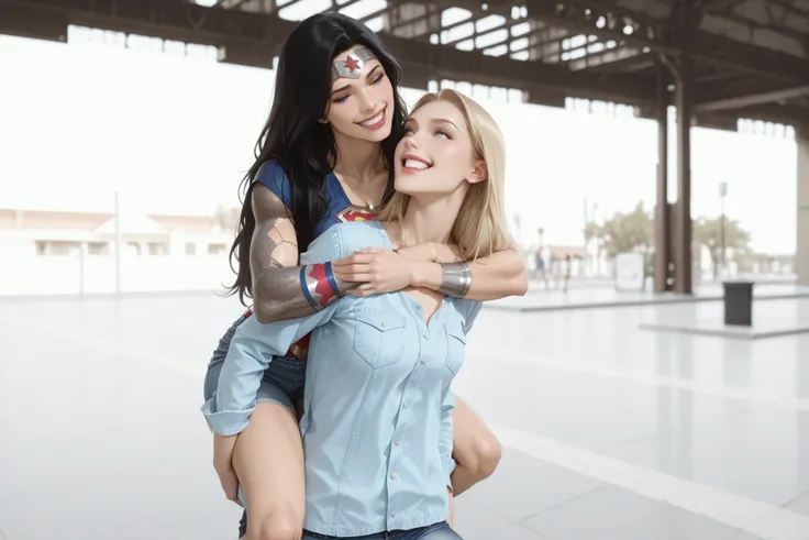 2girls, lesbian couple, wonder woman is enjoying piggyback ride on the back of her girlfriend supergirl, wonder woman is wearing green dotted short dress and supergirl is wearing a denim shirt and grey skinny jeans, both are happy, in a joyous mood, passio...