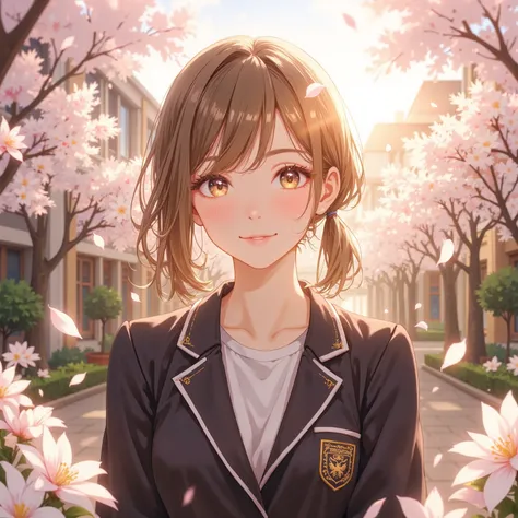 high school girl, blazer uniform, ribbon ties, School emblem, Gentle Breeze, Peaceful sunshine, The scent of flowers,