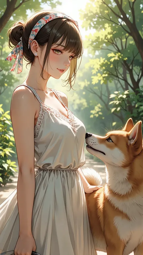 casual dress that pulls the POV, Lace strap, ribbon headband, Woman holding a dog, Shiba Hiroba,