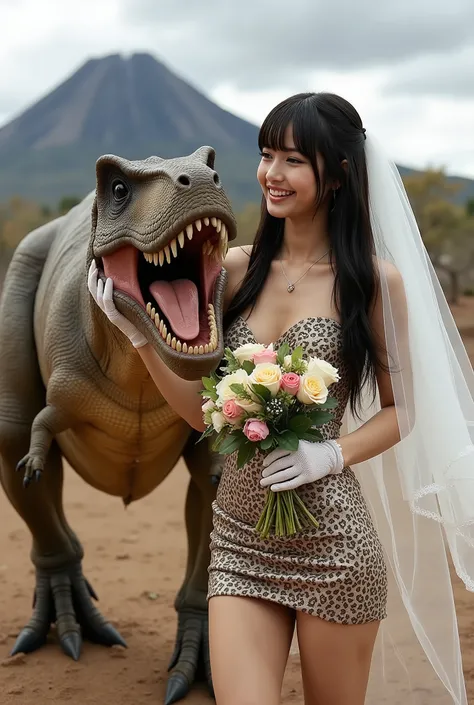 Create a portrait of a stunning Japanese female singer with a slim physique, small bust, and slender legs. She has long hair with bangs and is wearing a prehistoric-style leopard print mini wedding dress, complemented by a wedding veil and gloves. She is s...