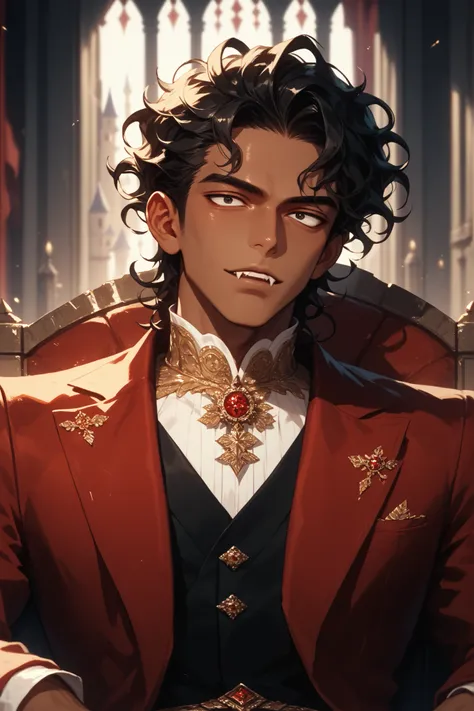 (Masterpiece, absurdres, topquality) 1boy, solo, maturemale, black hair, middle part hair, wavy hair, black eyes, sharp eyes, brown skin, vampire, castle, portrait, dark atmosphere, bishounen, tsurime, sitting, throne