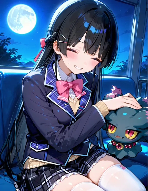 748cmstyle。Tsukino Mito(Nijisanji)、blazer uniform。black check skirt on the shoulder。moon。night。Misdreavus(Pokemon)。laughs。Petting