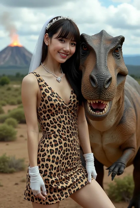 Create a portrait of a stunning Japanese female singer with a slim physique, small bust, and slender legs. She has long hair with bangs and is wearing a prehistoric-style leopard print mini wedding dress, complemented by a wedding veil and gloves. She is s...