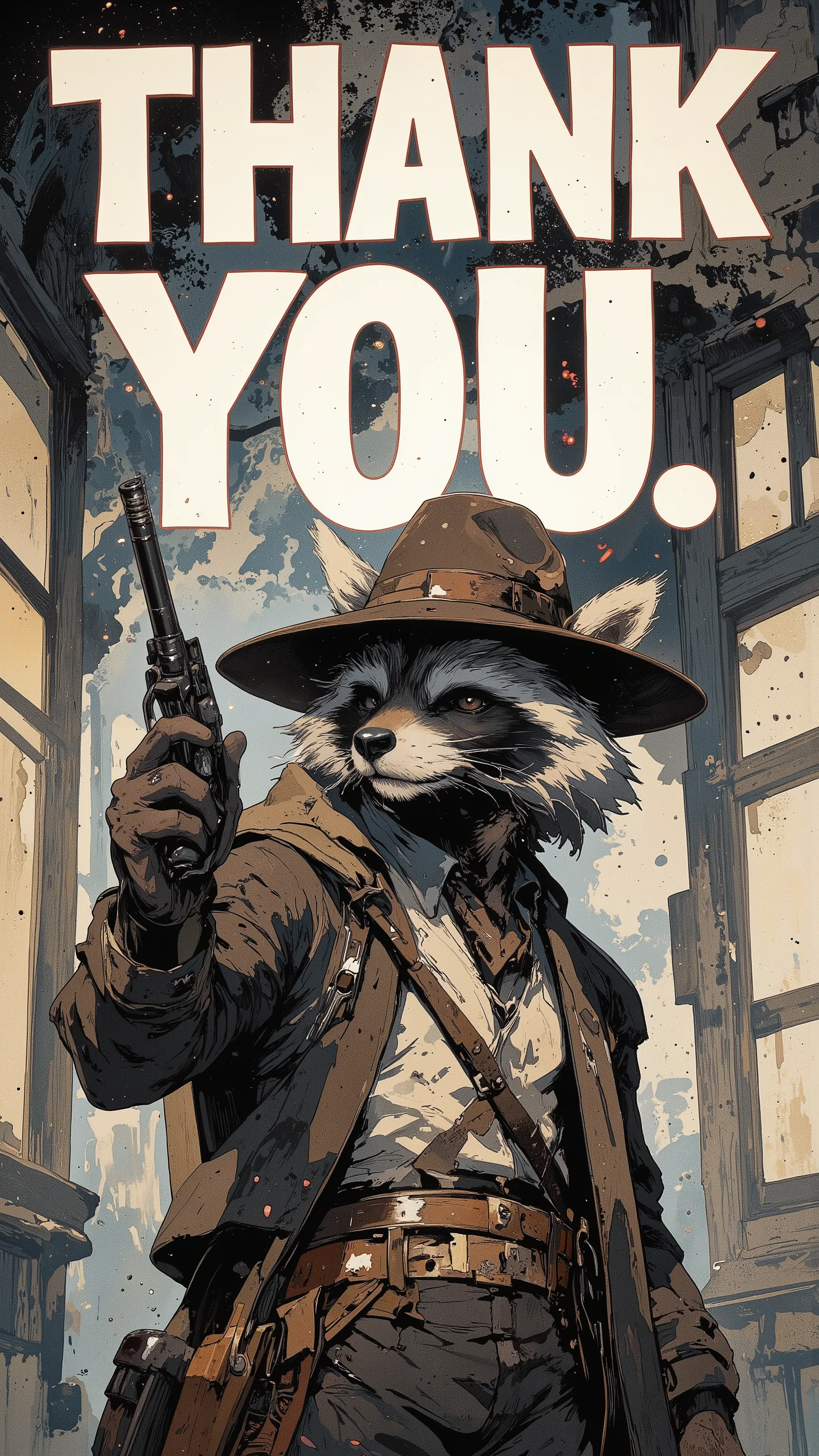 (((article, "Thank you for 4K Views ", Add text"Thank you 4K Views ", holographic big font))) ,Overlaying text on top of a character, from back:1.5),(raccoon ,Western Gunman,vintage),(aura:1. Hi 3) ,ArsMJStyle、(Zen ink wash painting)、cool, ArsMJStyle、(Zen...