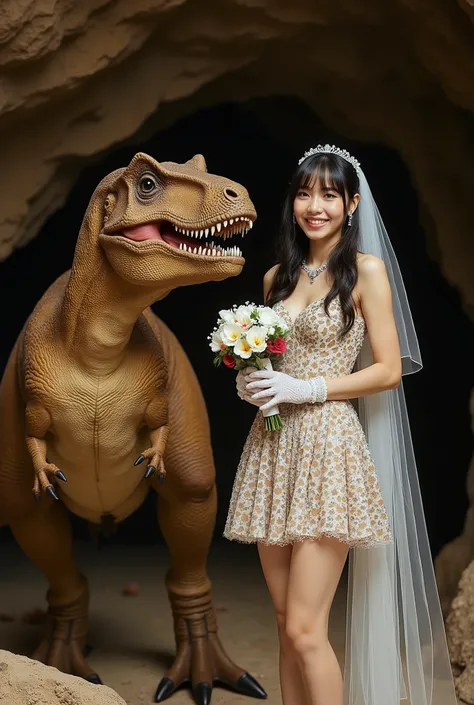 Create a portrait of a stunning Japanese female singer at a formal wedding. She has a slim figure, small breasts, and slender legs, with long hair and bangs. She is wearing a Paleolithic-style leopard print mini wedding dress, complete with a wedding veil ...
