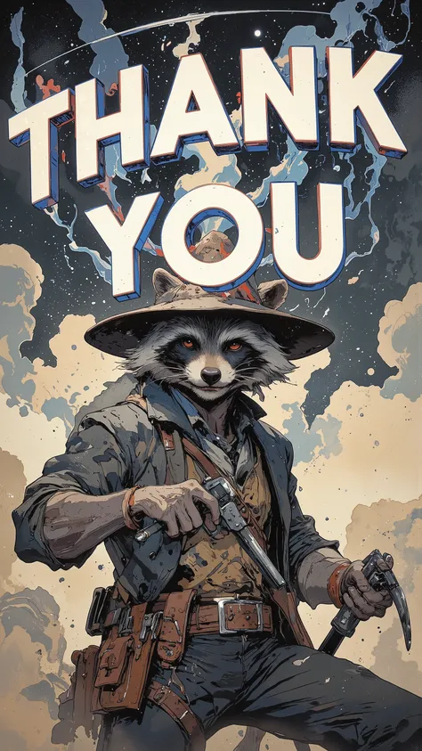 (((article, "Thank you for 4K Views ", Add text"Thank you 4K Views ", holographic big font))) ,Overlaying text on top of a character, from back:1.5),(raccoon ,Western Gunman,vintage),(aura:1. Hi 3) ,ArsMJStyle、(Zen ink wash painting)、cool, ArsMJStyle、(Zen...