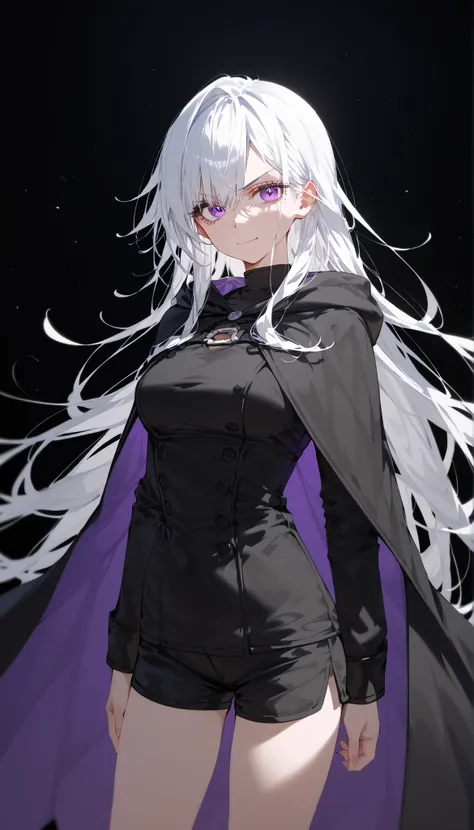 girl, white hair, in purple eyes,cute,shorts,,is standing, ,black background,serious page,,Sharp eyes,milf,Slim legs,long hair,side bangs,Upper shape,is standing,cloak,Black suit,awesome,Leg-colored headgear,in the naked eye,smile,Beautiful face,Long facia...