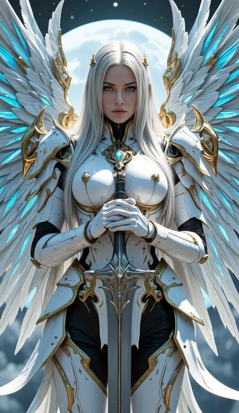 (realistic, Solo, 1girl wearing cyber armor, beautiful blue eyes, long silver hair, holographic archangel wings, (huge breasts: 1.3), (nude: 0.8) (simple glowing background:1.25), (holding giant sword in front of her, holding sword:1.3), masterpiece, best ...