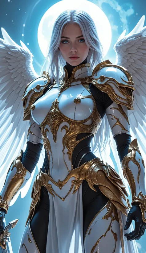 (realistic, Solo, 1girl wearing cyber armor, beautiful blue eyes, long silver hair, holographic archangel wings, (huge breasts: 1.3), (nude: 0.8) (simple glowing background:1.25), (holding giant sword in front of her, holding sword:1.3), masterpiece, best ...