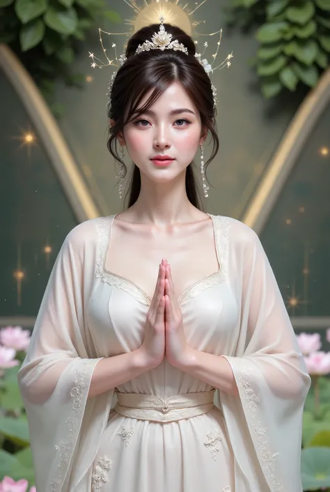 A beautiful woman in Chinese treditional outfit standing gently with right hand in blessing mudra, soft smile, see through white silk robe flowing with the wind, lotus pond background, glowing aura of compassion, traditional art with floral patterns and go...