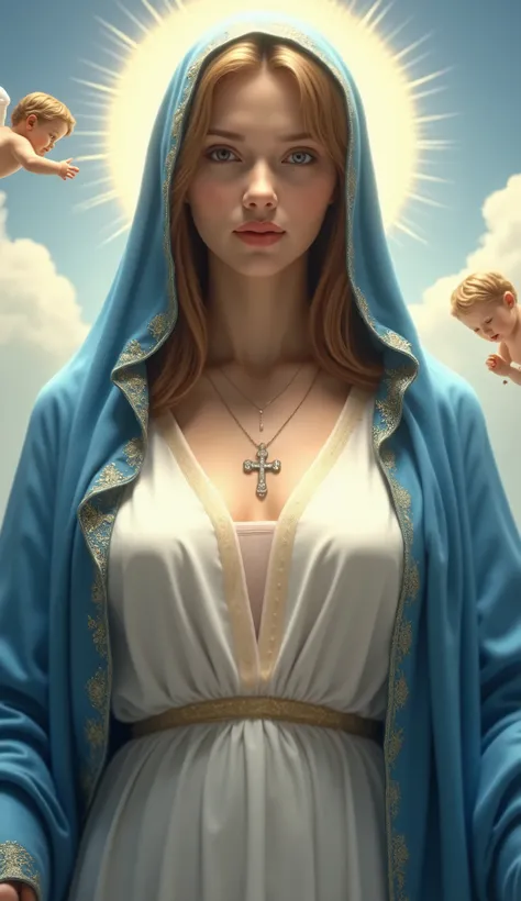 photorealistic photograph of the Virgin Mary, represented as a beautiful woman, with delicate and symmetrical facial features, soft and realistic skin with visible textures, heavenly lighting that highlights her face. Your facial expression shows satisfact...