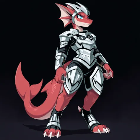 anime style, anime shading, athletic build, solo drawing, solo, ((dark background)), standing, blue eyes, perfect eyes, ((sharp ear fins)), ((overlapping scales on top of head)), tall figure, digitigrade legs, digitigrade feet, ((black and silver armor)), ...