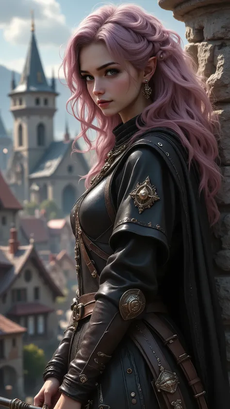 full body，Elf girl with curly rose gold hair、violet-colored eyes、pointed ears、Bright Eyes After Fishing，BIOLOGICALLY CORRECT、smile、medieval leather armor、black cloak，does not reveal skin，fine skin texture、long hair、Light、reflection、beautiful legs ,  great ...