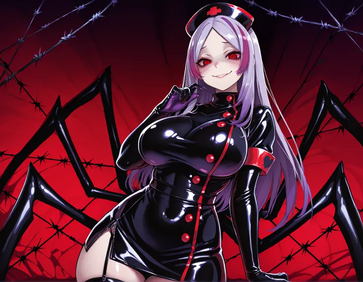 Arachne Girl. Lavender color hair. Medium length hair. Parted bangs. Sharp gaze. Red eyes. Multiple eyes. Yandere smile. Black latex nurse costume. Glossy. Curvy waist. Firm breasts. Large breasts. Gloves. Red spot widow. Spider. Barbed wire.