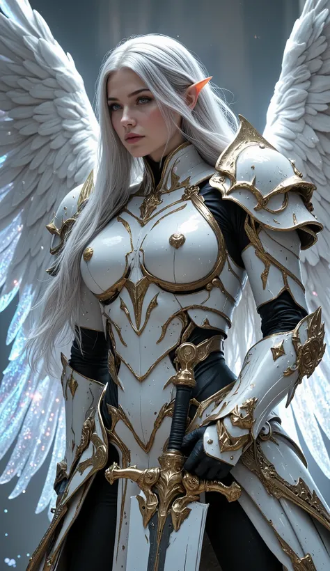 (realistic, Solo, 1girl wearing cyber armor, beautiful blue eyes, long silver hair, holographic archangel wings, (huge breasts: 1.3), (nude: 0.8) (simple glowing background:1.25), (holding giant sword in front of her, holding sword:1.3), masterpiece, best ...