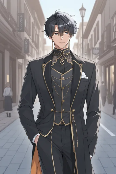 1 male taking a stroll through the street in a very fashioned clothing.