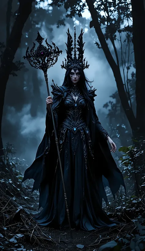 (best quality, 128k,highres,masterpiece:1.2),ultra-detailed,(realistic,photorealistic,photo-realistic:1.37), ((masterpiece)) ((photography)) ((Highest quality)) ultra realistic illustration of a dark fantasy enchantress standing in a cursed forest, her lon...