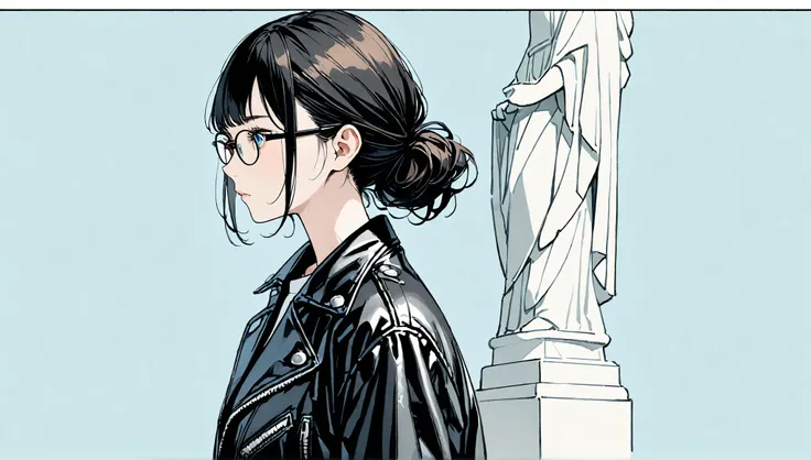 ((light blue solid color background))、((alone)),((eye up the statue)),、((upper body)),((),((Side view)),expressionless,((black hair semi-long hairstyle)),(((black rimmed glasses))),masterpiece, Highest quality, Beautiful attention to detail, Very detailed,...