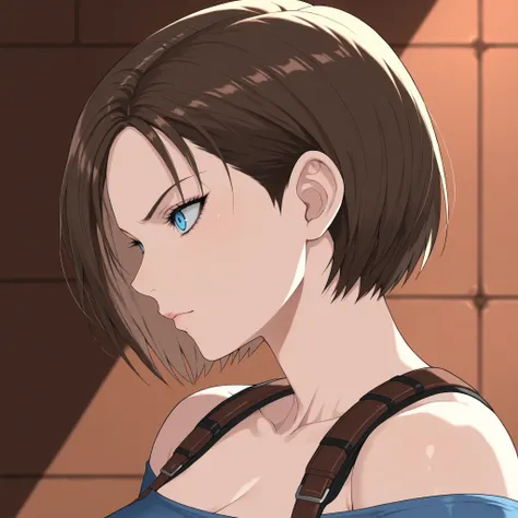 (masterpiece, top quality:1.2), 1 girl,portrait。profile,brown hair。.Jll Valentine,. ,blue eyes,Jill Valentine,  sharp eyes., leather suspenders, off the shoulder.