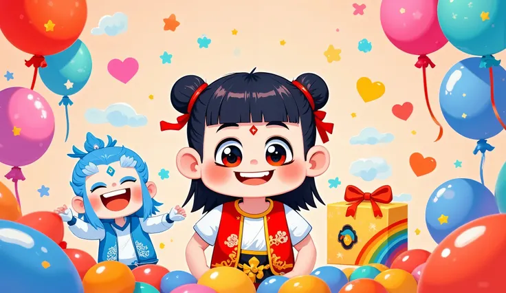 birthday poster，surrounded by colorful balloons、twinkling stars、cartoon gift box、Rainbow candy paper，Chinese style festive elements，Bright colors，Cartoon illustration style，soft light and shadow，HD 8K