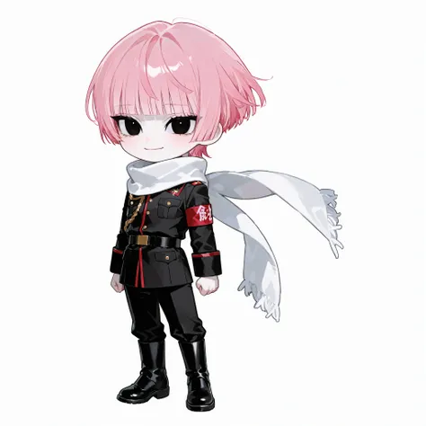 chibi, super deformed, simple coloring, full body, white background, solo, cute, 1 boy, pale skin, look young, Boyish,Clever,black eyes, eyelashs,pink hair,abundant hair,Matted hair,blunt bangs,short wolf cut,Short cut,blush,Eye smile,A faint smile,Close m...
