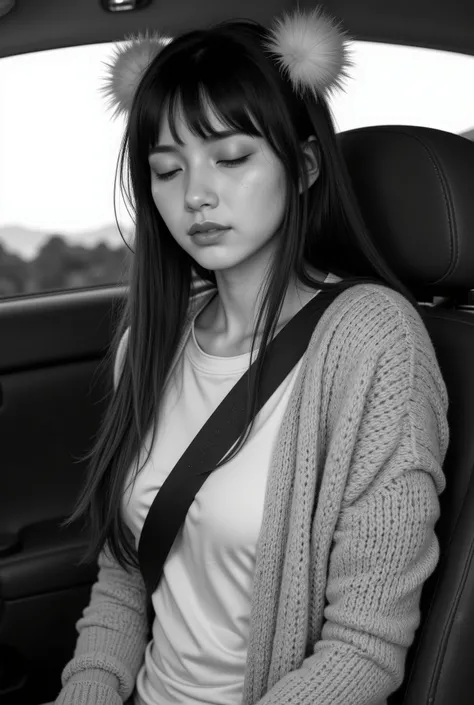 peaceful, bangs, hair accessory pom-poms, closed eyes, neutral facial expression, long straight hair, casual clothing, knit cardigan, seatbelt across chest, sitting, indoor car environment, relaxed posture, monochrome illustratio, soft shadows, close-up sh...
