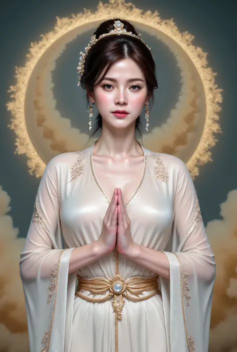 A beautiful woman in Chinese treditional outfit gently with right hand in blessing mudra, Kuan Yin, navel, white silk robe flowing with the wind, deep cleavage, golden cloud of heaven background, glowing aura of compassion, traditional art with floral patt...