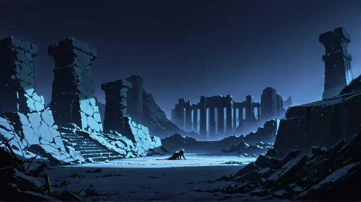 anime style, dark ruined kingdom landscape, shadows crawling over stone ruins, broken statues, heavy atmosphere, cinematic lighting, desaturated tones