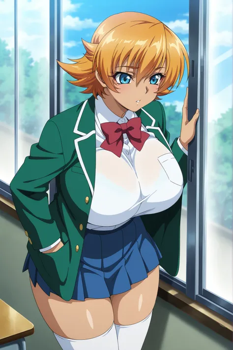 masterpiece,best quality, amazing quality, very aesthetic,anime screencap ,1girl,solo, Igawa Sakura,orange hair, short hair, flipped hair, blue eyes,curvy, huge breasts,school uniform, green jacket, pleated skirt, miniskirt, loafers, white thighhighs, open...