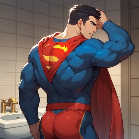 check_9, check_8_up, check_7_up, check_6_up, comic book style, 1 boy, One, muscular, superman, black hair, blue eyes, blue jumpsuit, red trench coat, logo, red belt, Angle from behind, indoor, bathroom, couple, big ass, tight clothing, looks at the viewer,...