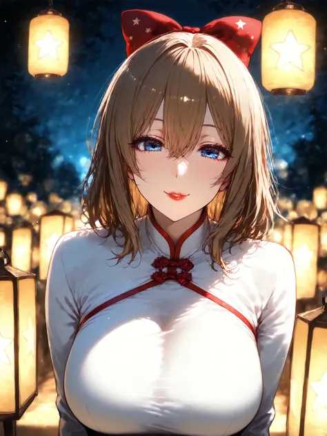 (extremely delicate and beautiful: 1.2), 1 girl, bungs, blue eyes, Blur, Blur background, bow, brown hair, shut up, sidemap, hair between eyes, hair bow, lantern, light particles, long sleeve, The gaze staring at the audience,  medium hair,  night , red bo...