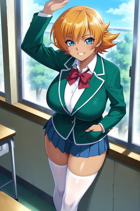 masterpiece,best quality, amazing quality, very aesthetic,anime screencap ,1girl,solo, Igawa Sakura,orange hair, short hair, flipped hair, blue eyes,curvy, huge breasts,school uniform, green jacket, pleated skirt, miniskirt, loafers, white thighhighs, open...