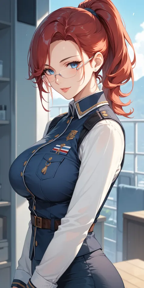 score_9, score_8_up, score_7_up,red hair, blue eyes, perfect eyes, Anime Milf , mature woman, ponytail、sexy,glasses, uniform, Soft light、battlefield、Operation Headquarters