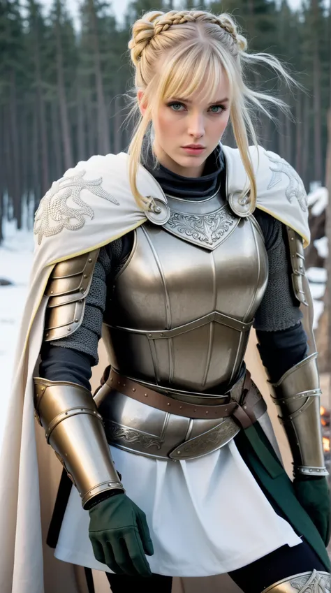 (masterpiece), best quality, expressive eyes, perfect face, blond hair, blue yellowish eyes, latex gloves, white capes, black leggings, light armor, skirts, iron shoes, knight woman, pale skin, yandere, leda hair ribbon, ribbon, braid, single hair bun, hai...
