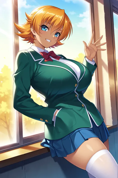 masterpiece,best quality, amazing quality, very aesthetic,anime screencap ,1girl,solo, Igawa Sakura,orange hair, short hair, flipped hair, blue eyes,curvy, huge breasts,school uniform, green jacket, pleated skirt, miniskirt, loafers, white thighhighs, open...
