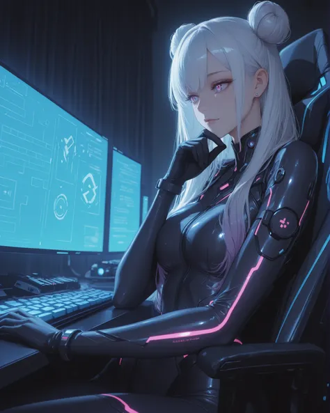 (masterpiece, best quality, ultra-detailed, high resolution, cinematic lighting), a sleek cyber army operator girl in a tight, black-blue cyber suit, with glowing neon lines tracing her limbs. She sits sideways in a high-tech chair, one elbow resting on th...