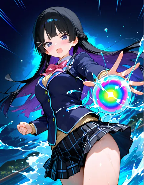 748cm style。Tsukino Mito(rainbow)、blazer uniform。black check skirt。action lines。Motion Blur Effect。 control water 。Hostile 。action。Water Skill。Water tornado。maelstrom。combat motion。water energy sphere