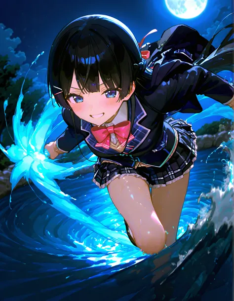 748cmstyle。Tsukino Mito(Nijisanji)、blazer uniform。black check skirt on the shoulder。action lines。motion blur effect。The Art of Manipulating Water。Hostile。action。water tornado。Eddy。combat motion。Water energy attack。smiles。moon。