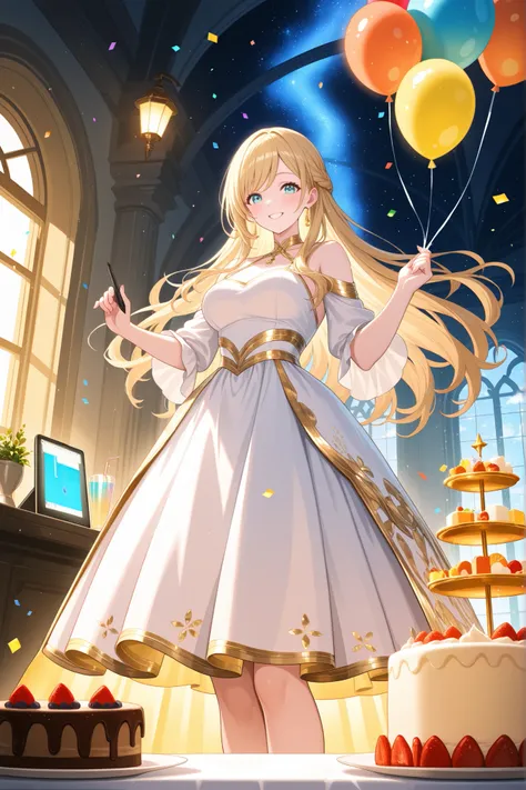 A vibrant celebration scene in a modern art studio. A beautiful young woman with long flowing hair, wearing a stylish white and gold dress, stands next to a large canvas with “Happy 2nd Anniversary SeaArt.ai” written in glowing calligraphy. Around her, con...