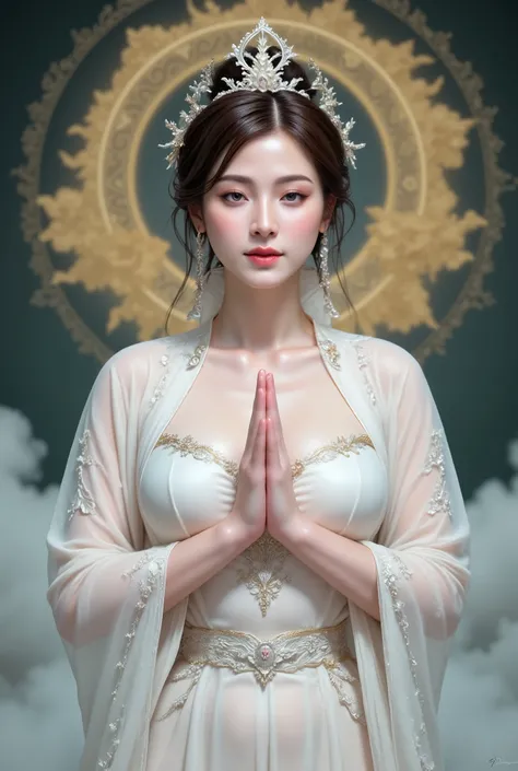 A beautiful woman in Chinese treditional outfit gently with right hand in blessing mudra, Kuan Yin, large breasts, deep cleavage, ((see through)), navel, white silk robe flowing with the wind, golden cloud of heaven background, glowing aura of compassion, ...