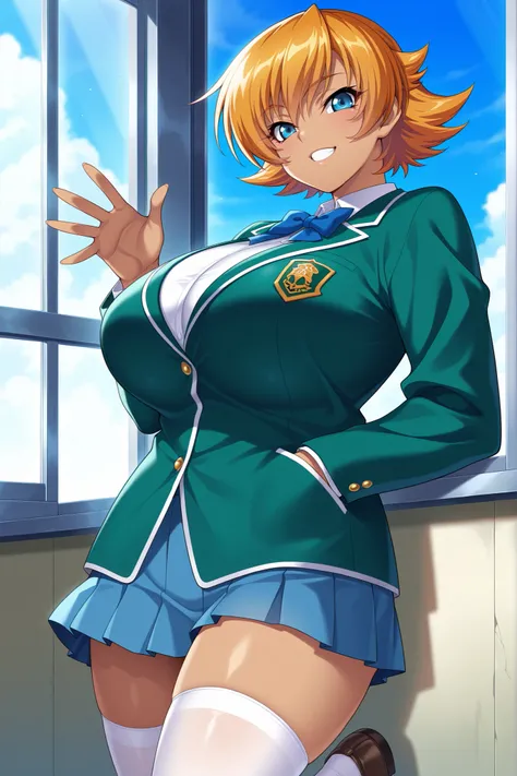 masterpiece,best quality, amazing quality, very aesthetic,anime screencap ,1girl,solo, Igawa Sakura,orange hair, short hair, flipped hair, blue eyes,curvy, huge breasts,school uniform, green jacket, pleated skirt, miniskirt, loafers, white thighhighs, open...