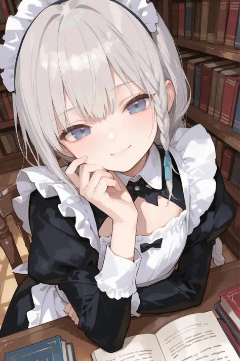 best quality, girl, smile, classic maid costume, flat chest, silver hair ,long braid, blue eyes, library , rest one's chin on one's desk, from above, look at viewer, in the nigth,
