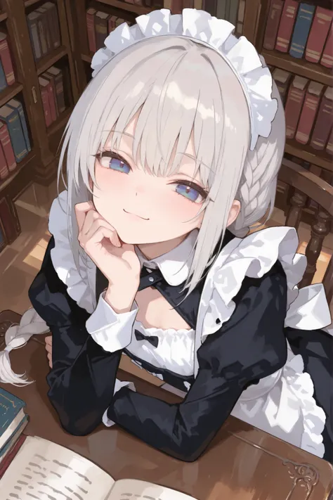best quality, girl, smile, classic maid costume, flat chest, silver hair ,long braid, blue eyes, library , rest one's chin on one's desk, from above, look at viewer, in the nigth,