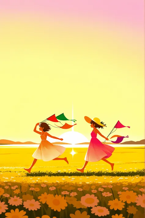 Warm summer sunset, sky in shades of pink and gold, field with tall grasses and daisies. Two girls in light dresses run along the path, holding kites. minimalism
