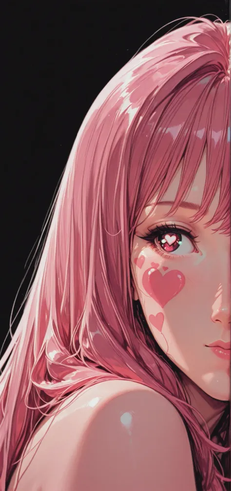a female character, 1girl, solo, long hair, black background, deep-pink hair, simple background, heart on cheek, woman, beautiful eyes, anime artstyle, 